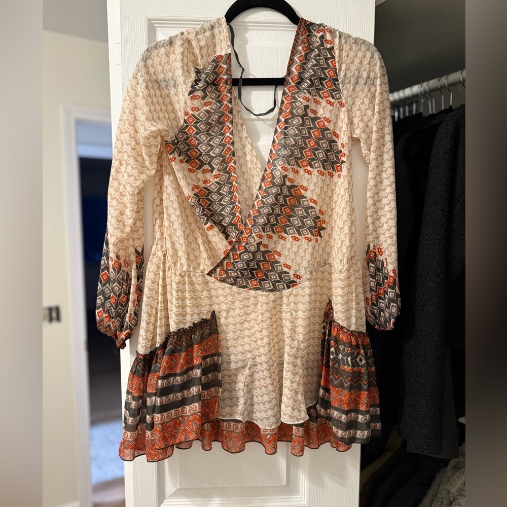 Free People Cream and Orange Patterned Blouse